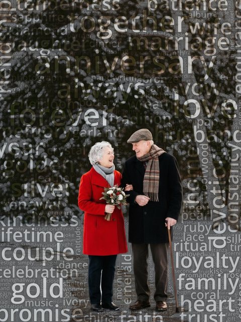 Word cloud portrait of a couple in their seventies in a snowy garden