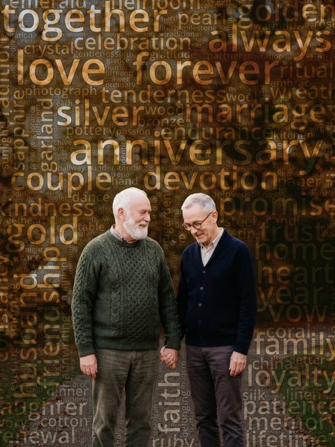 Word cloud portrait of two men holding hands in an autumn park