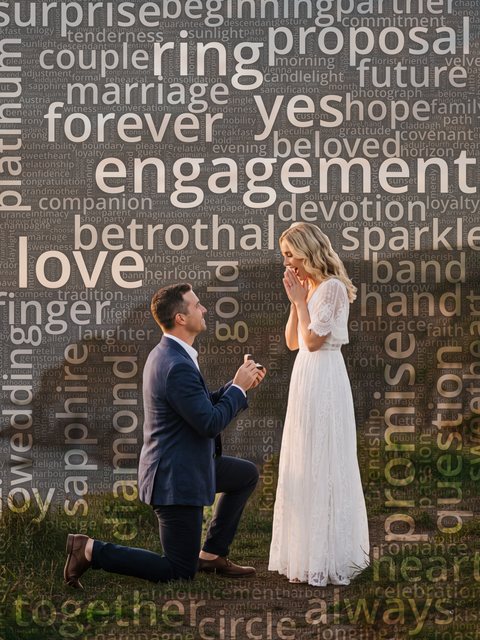 Word cloud portrait of a man proposing on one knee on a clifftop