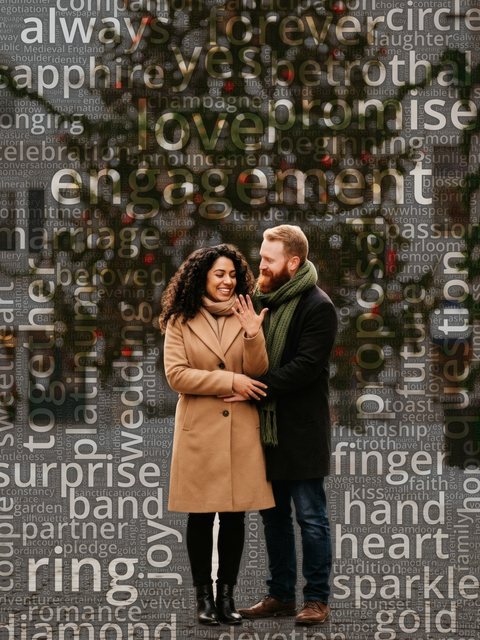 Word cloud portrait of a Christmas proposal in a city square