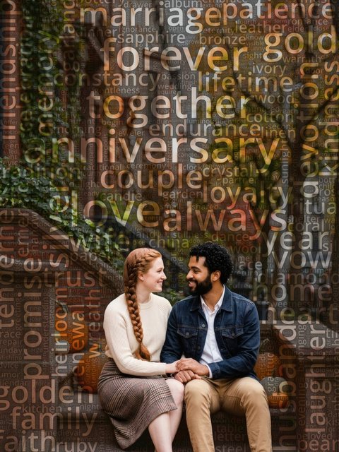 Word cloud portrait of a young couple on a brownstone stoop in autumn
