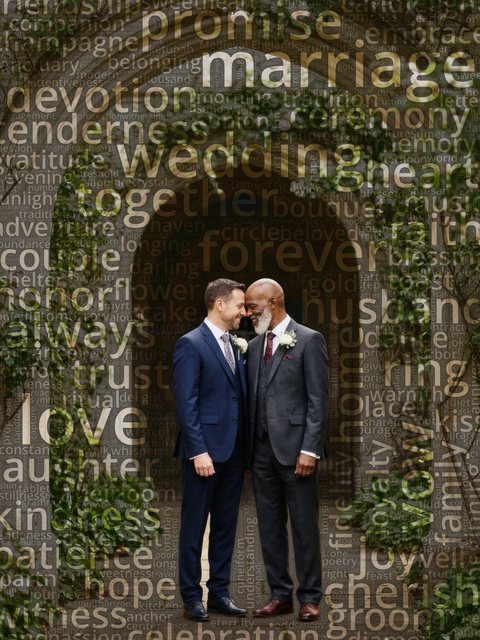 Word cloud portrait of two grooms in a cloister garden