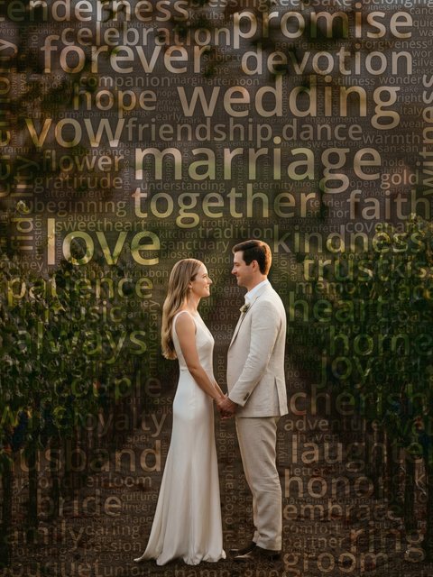 Word cloud portrait of a couple between vineyard rows