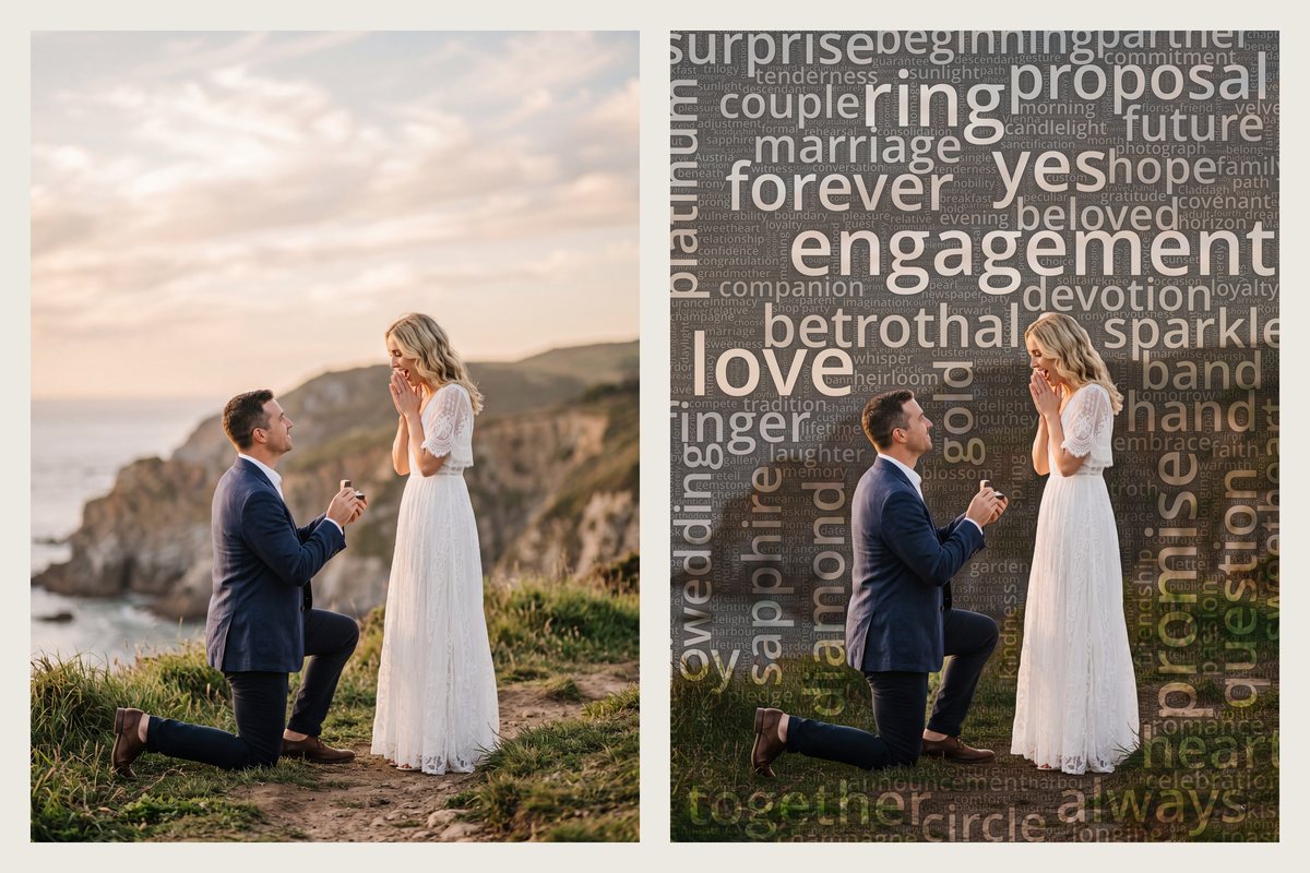 The original proposal photo next to the finished word cloud portrait