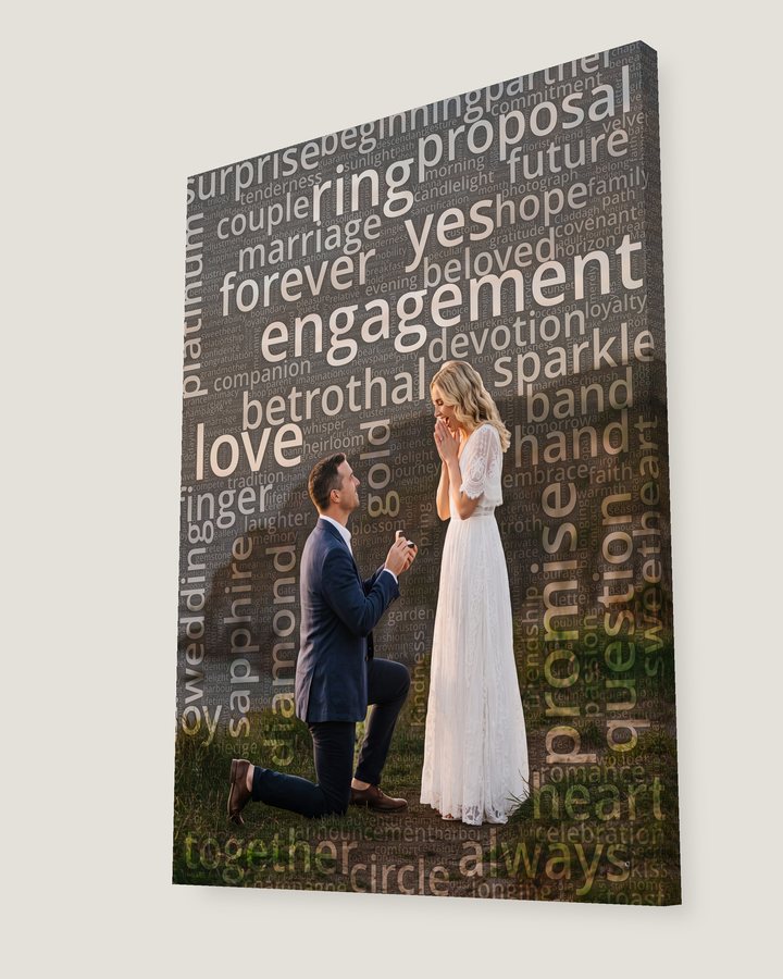 A canvas word cloud portrait seen at an angle, words running around its edge