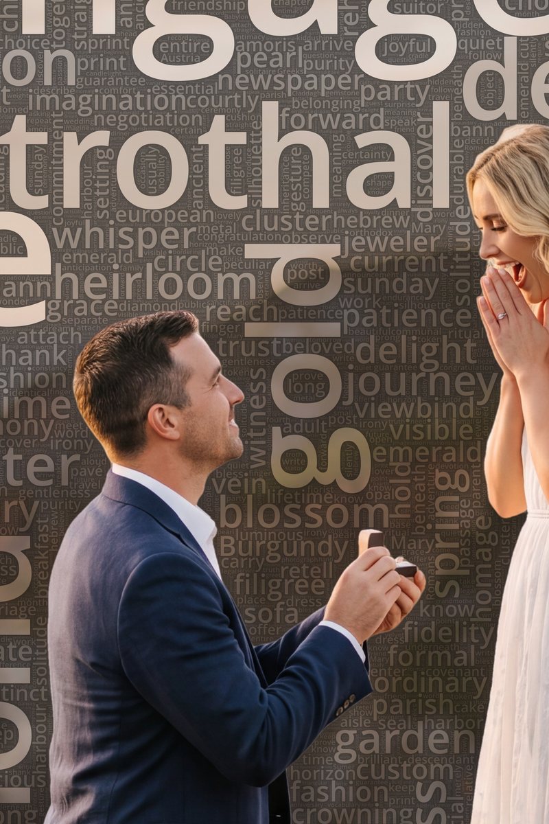 Close-up of a portrait: the words engagement, promise and forever around the couple